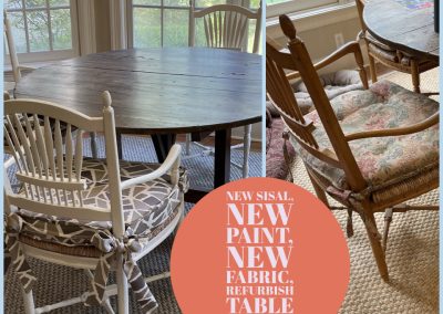 Breakfast table and chairs before and after with painted chairs, new fabric, and sisal rug