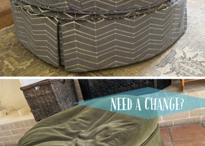 Round ottoman before and after with updated blue herringbone fabric and tailored skirt