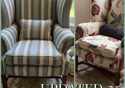 Upholstered armchair before and after with blue striped fabric and matching lumbar pillow