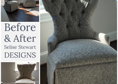 Before and after wingback chair upholstery update with gray patterned fabric and tufted back