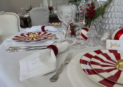 Detailed peppermint holiday tablescape with red and white striped plates, fine silverware, monogrammed linens, crystal glassware, and Christmas decor.